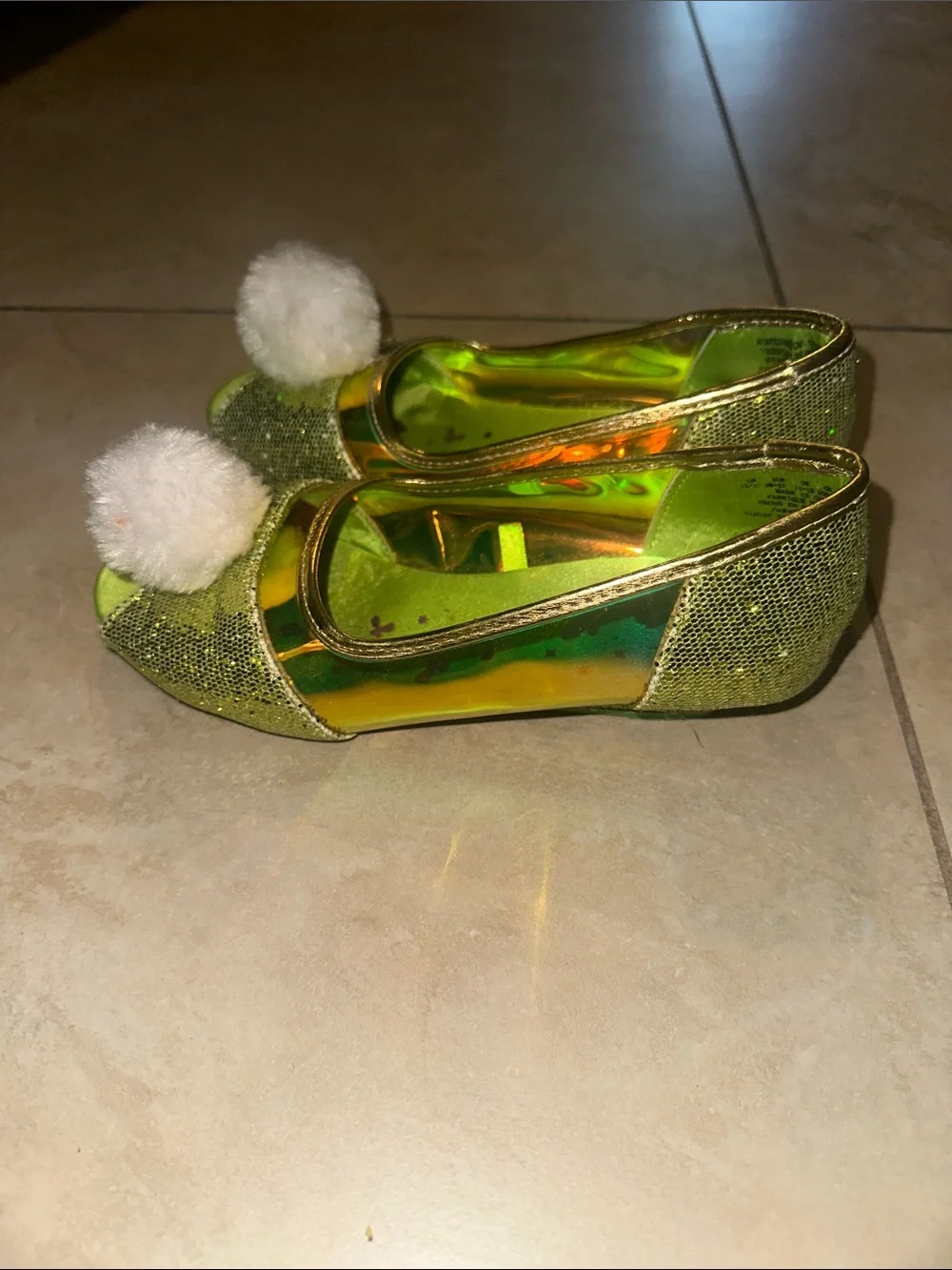 Disney’s Tinkerbell Glittery Wedges Peep-Toe Flats with White Jingling Pom Pom